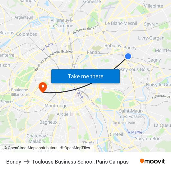 Bondy to Toulouse Business School, Paris Campus map