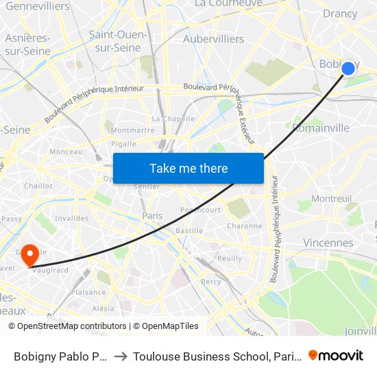 Bobigny Pablo Picasso to Toulouse Business School, Paris Campus map