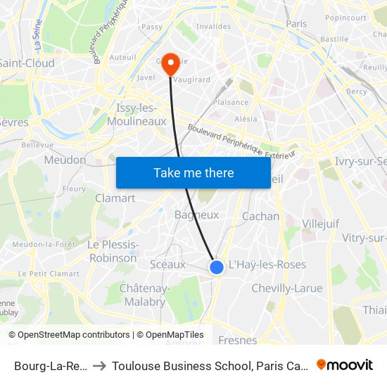 Bourg-La-Reine to Toulouse Business School, Paris Campus map