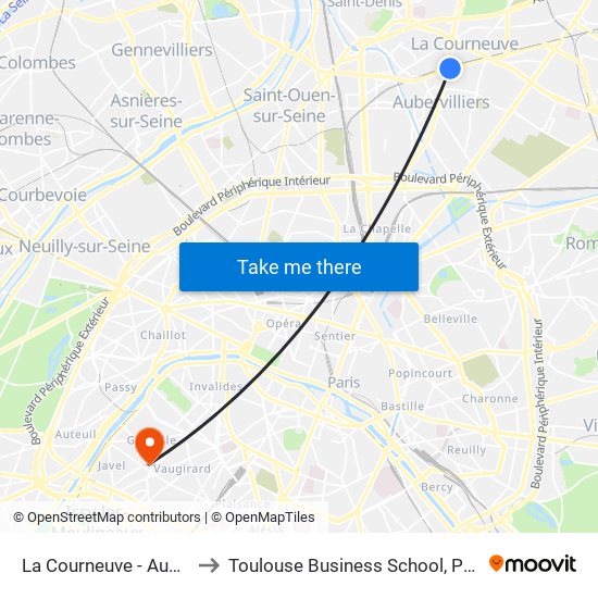 La Courneuve - Aubervilliers to Toulouse Business School, Paris Campus map
