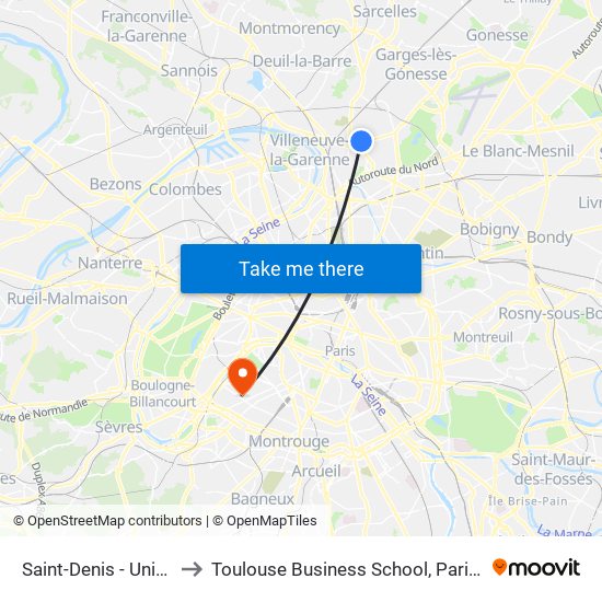 Saint-Denis - Université to Toulouse Business School, Paris Campus map