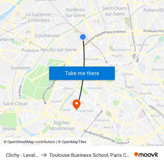 Clichy - Levallois to Toulouse Business School, Paris Campus map