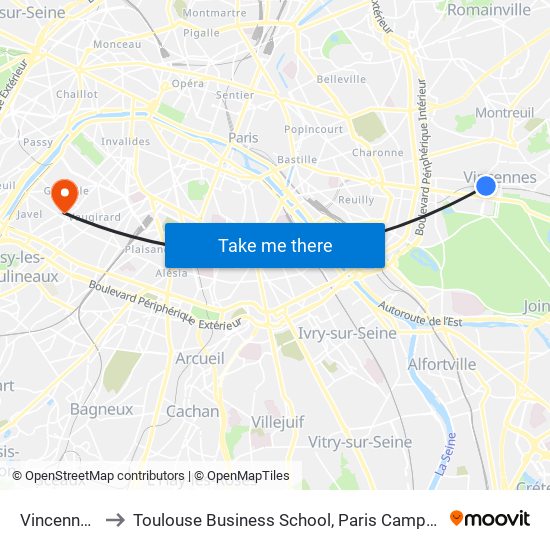 Vincennes to Toulouse Business School, Paris Campus map