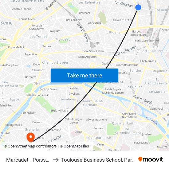 Marcadet - Poissonniers to Toulouse Business School, Paris Campus map