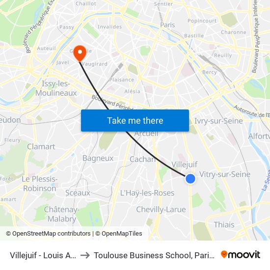 Villejuif - Louis Aragon to Toulouse Business School, Paris Campus map