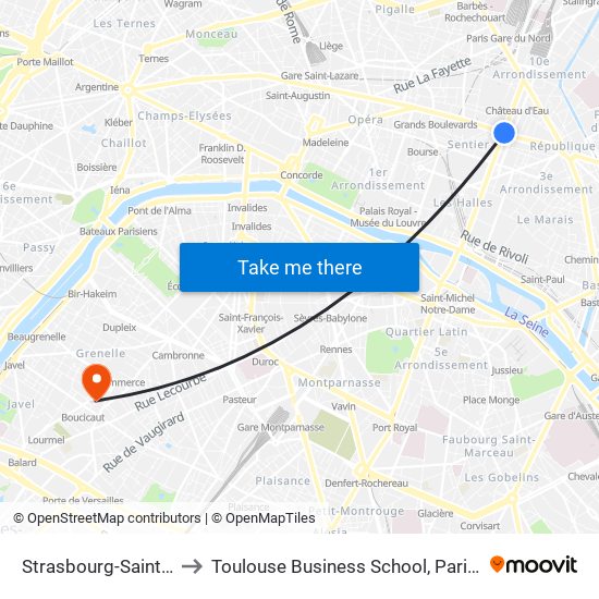 Strasbourg-Saint-Denis to Toulouse Business School, Paris Campus map