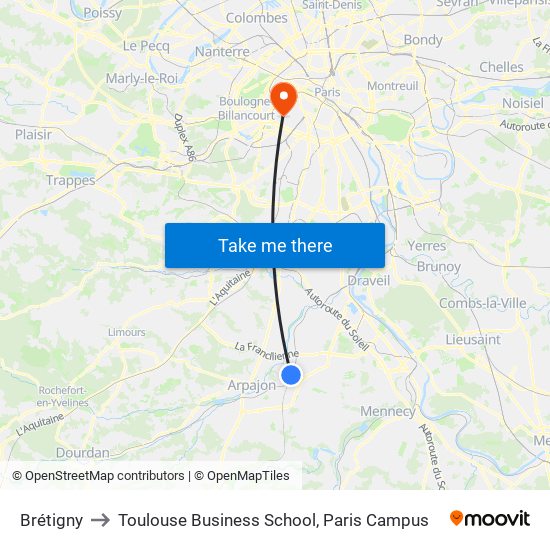 Brétigny to Toulouse Business School, Paris Campus map