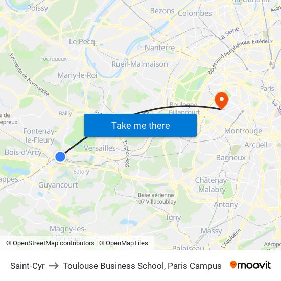 Saint-Cyr to Toulouse Business School, Paris Campus map