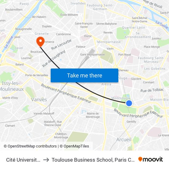 Cité Universitaire to Toulouse Business School, Paris Campus map