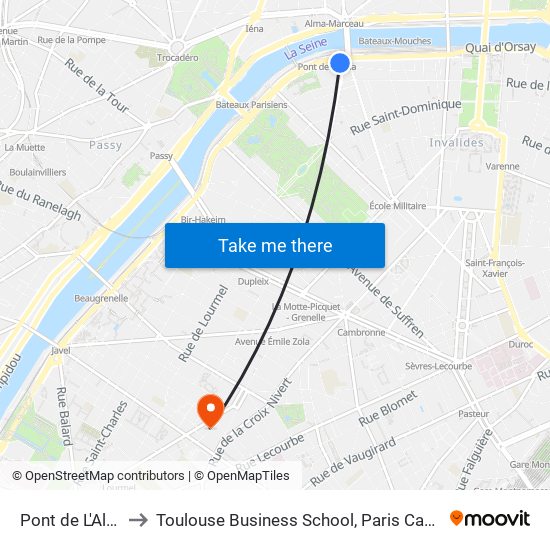 Pont de L'Alma to Toulouse Business School, Paris Campus map