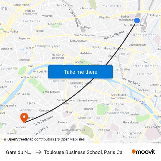 Gare du Nord to Toulouse Business School, Paris Campus map