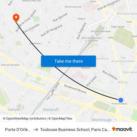 Porte D'Orléans to Toulouse Business School, Paris Campus map