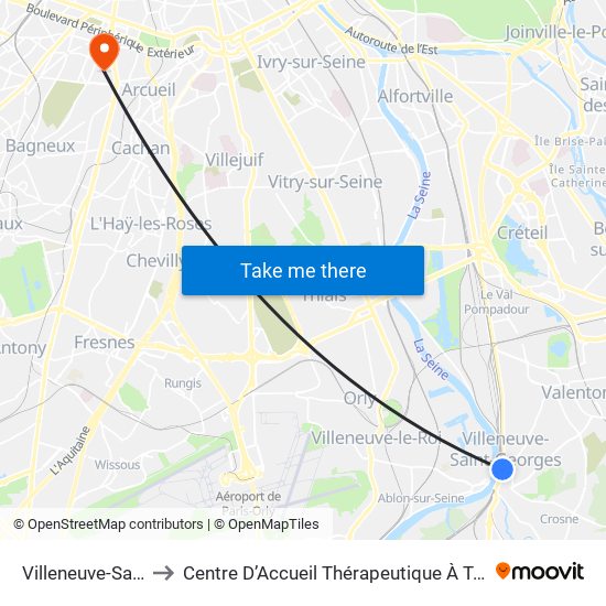 Villeneuve-Saint-Georges to Centre D’Accueil Thérapeutique À Temps Partiel Vent du Large map
