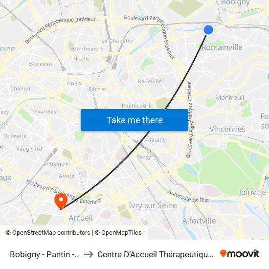 Bobigny - Pantin - Raymond Queneau to Centre D’Accueil Thérapeutique À Temps Partiel Vent du Large map