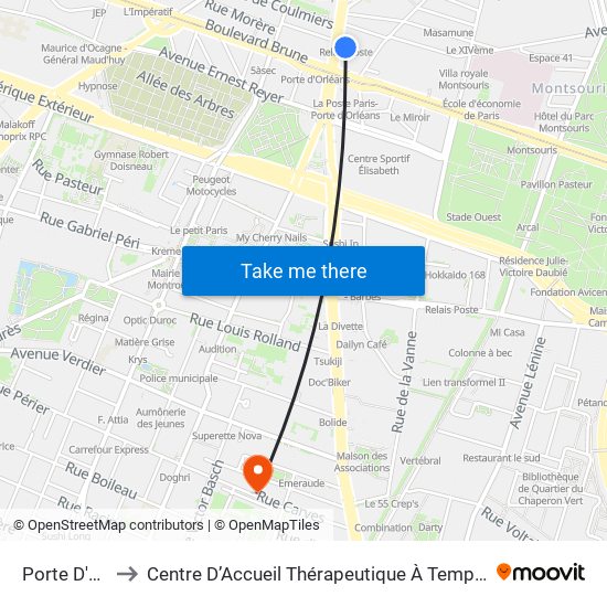 Porte D'Orléans to Centre D’Accueil Thérapeutique À Temps Partiel Vent du Large map