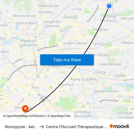 Roissypole - Aéroport Cdg1 (G1) to Centre D’Accueil Thérapeutique À Temps Partiel Vent du Large map