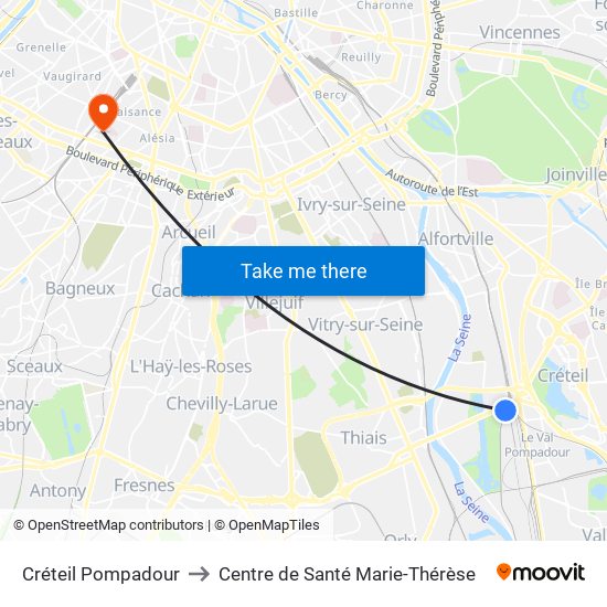 Créteil Pompadour to Centre de Santé Marie-Thérèse map