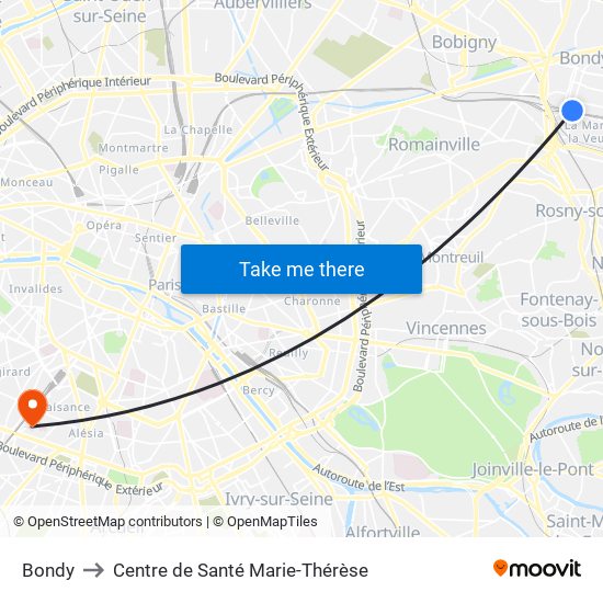 Bondy to Centre de Santé Marie-Thérèse map