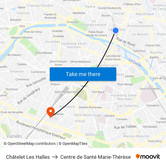 Châtelet Les Halles to Centre de Santé Marie-Thérèse map