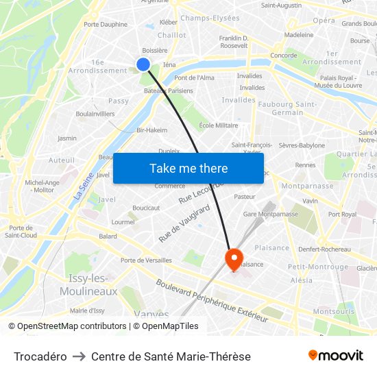 Trocadéro to Centre de Santé Marie-Thérèse map