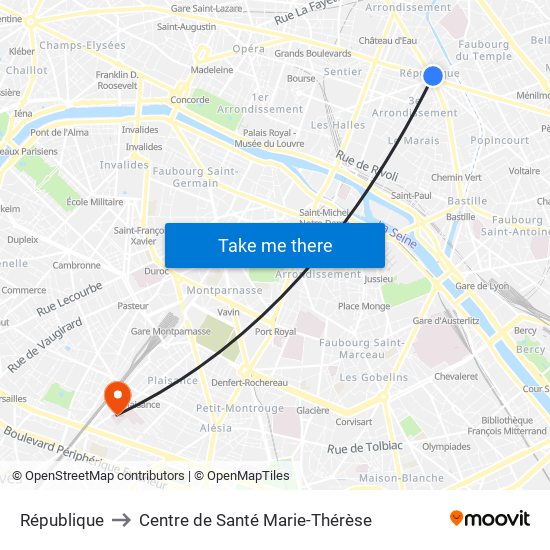 République to Centre de Santé Marie-Thérèse map