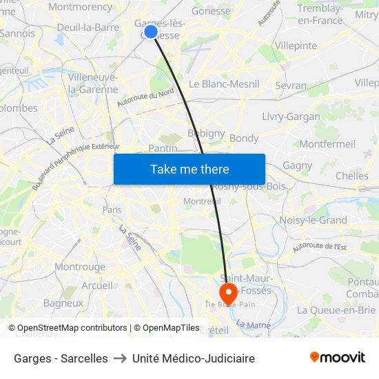 Garges - Sarcelles to Unité Médico-Judiciaire map