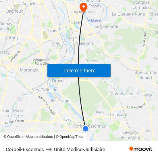 Corbeil-Essonnes to Unité Médico-Judiciaire map