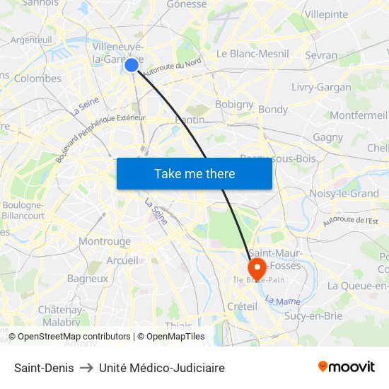 Saint-Denis to Unité Médico-Judiciaire map