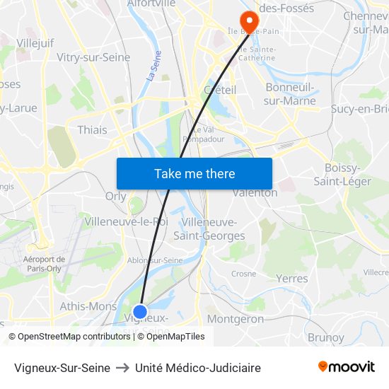Vigneux-Sur-Seine to Unité Médico-Judiciaire map