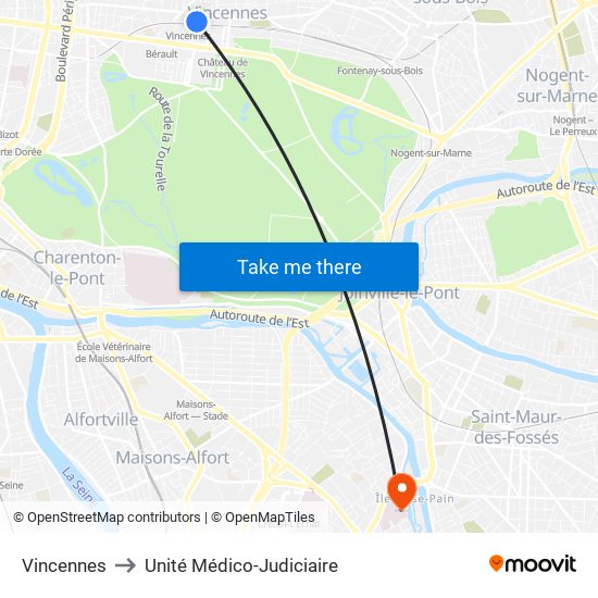 Vincennes to Unité Médico-Judiciaire map