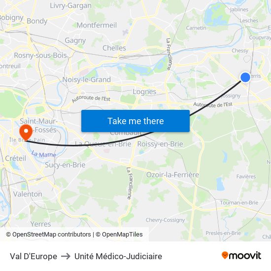 Val D'Europe to Unité Médico-Judiciaire map