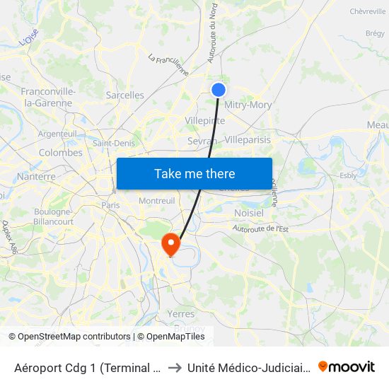 Aéroport Cdg 1 (Terminal 3) to Unité Médico-Judiciaire map