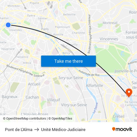 Pont de L'Alma to Unité Médico-Judiciaire map