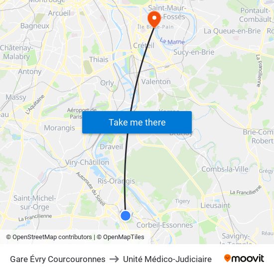 Gare Évry Courcouronnes to Unité Médico-Judiciaire map