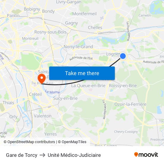 Gare de Torcy to Unité Médico-Judiciaire map