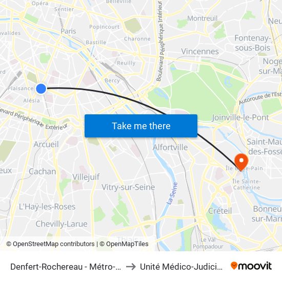 Denfert-Rochereau - Métro-Rer to Unité Médico-Judiciaire map