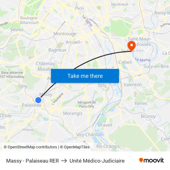 Massy - Palaiseau RER to Unité Médico-Judiciaire map