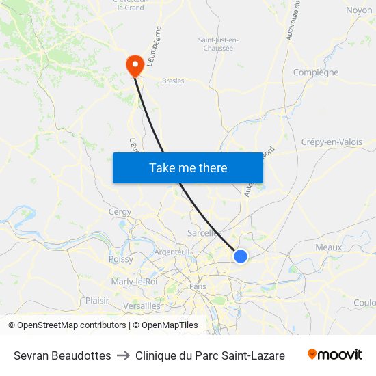 Sevran Beaudottes to Clinique du Parc Saint-Lazare map