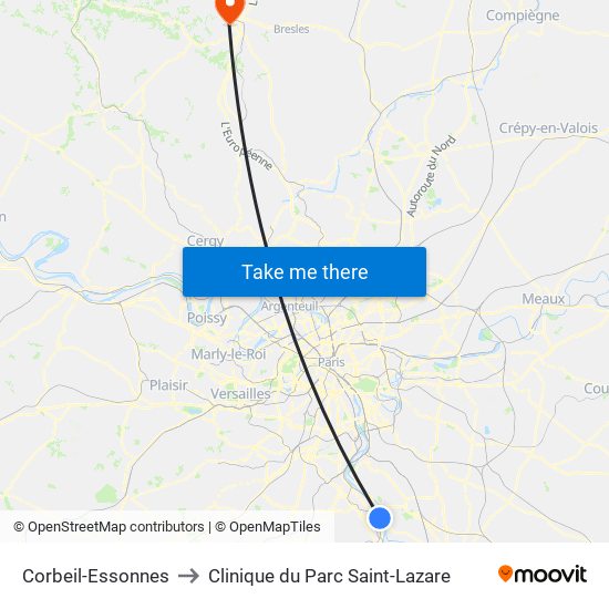 Corbeil-Essonnes to Clinique du Parc Saint-Lazare map