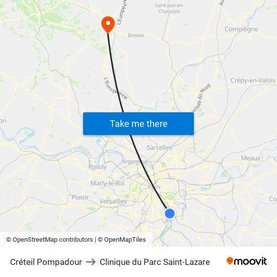 Créteil Pompadour to Clinique du Parc Saint-Lazare map