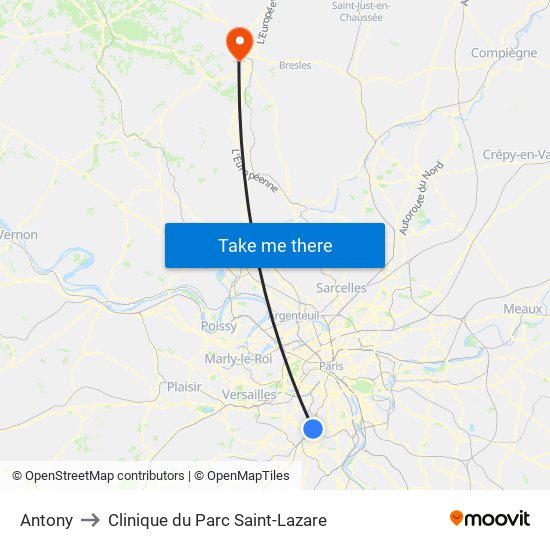 Antony to Clinique du Parc Saint-Lazare map