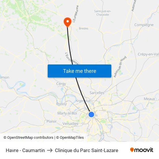 Havre - Caumartin to Clinique du Parc Saint-Lazare map