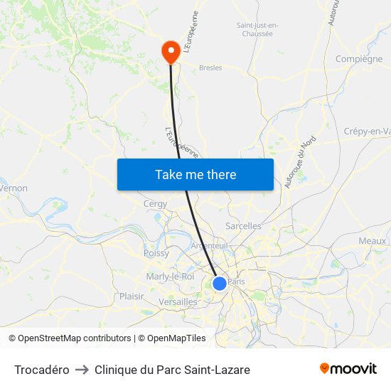 Trocadéro to Clinique du Parc Saint-Lazare map