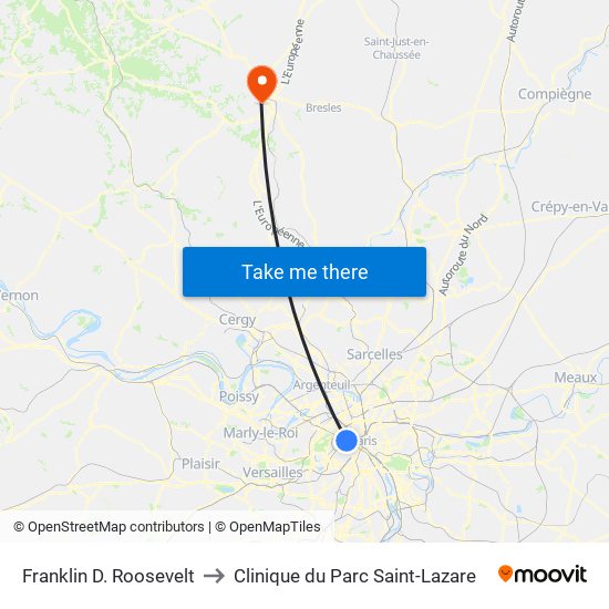 Franklin D. Roosevelt to Clinique du Parc Saint-Lazare map