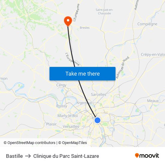 Bastille to Clinique du Parc Saint-Lazare map