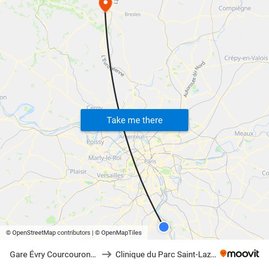 Gare Évry Courcouronnes to Clinique du Parc Saint-Lazare map
