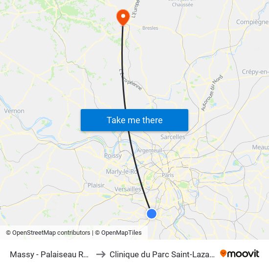 Massy - Palaiseau RER to Clinique du Parc Saint-Lazare map