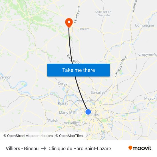 Villiers - Bineau to Clinique du Parc Saint-Lazare map
