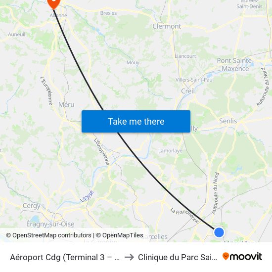 Aéroport Cdg (Terminal 3 – Roissypôle) to Clinique du Parc Saint-Lazare map