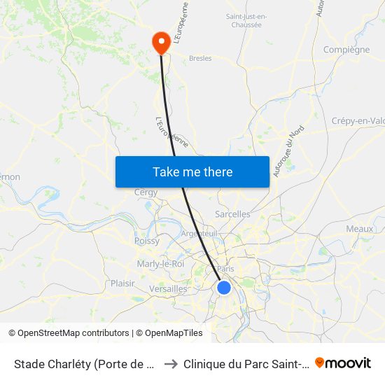 Stade Charléty (Porte de Gentilly) to Clinique du Parc Saint-Lazare map